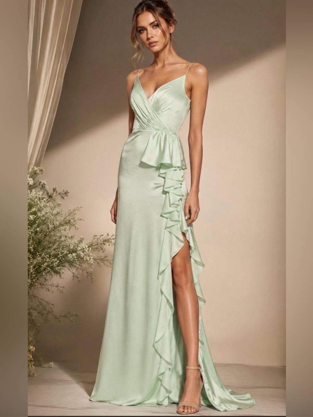 Mac Duggal Elegant Sage Green Ruffle Maxi Dress NWT